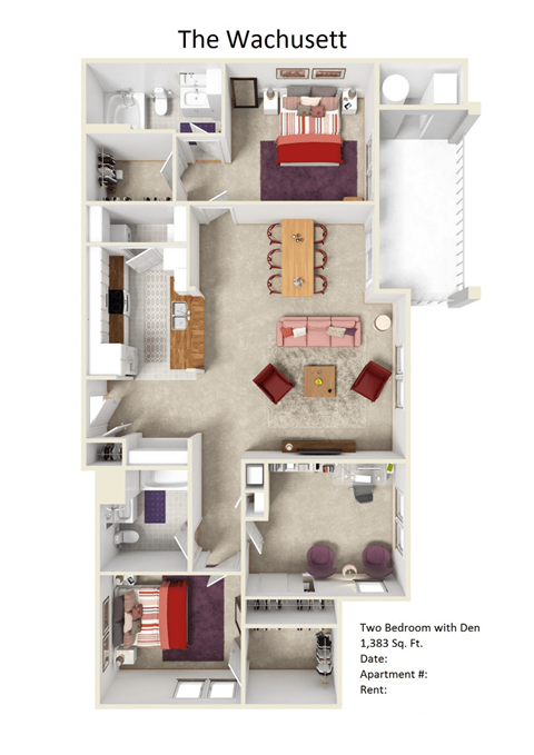 Floor plan for 2 beds, 2 baths, 1383 sqft